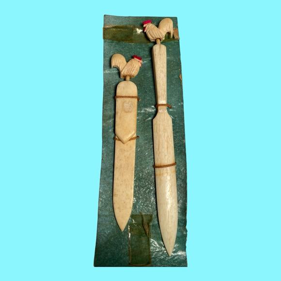 Vtg Carved Letter Opener Page Turner Bookmark Carved Roosters Bovine Bone Japan - Picture 2 of 11